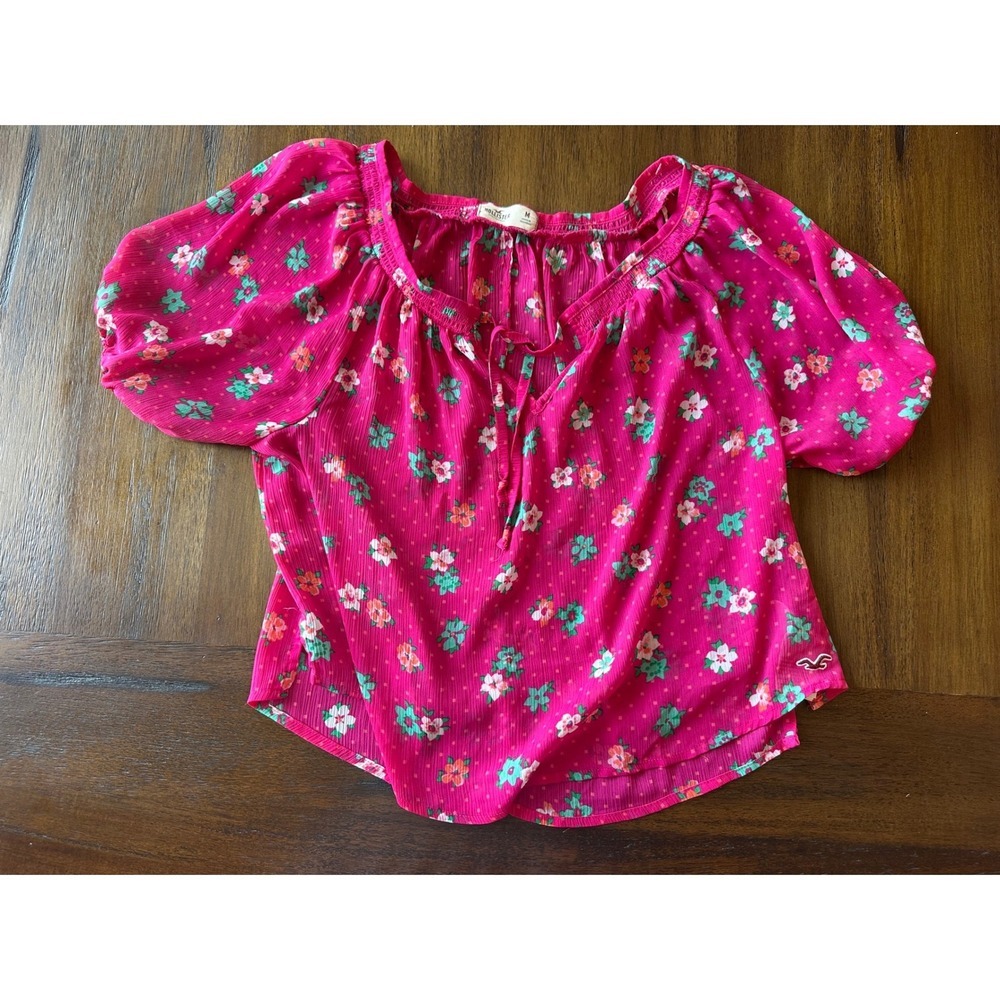Hollister Pink Floral Polka Dot Smocked Neck Puff Sleeve Top Womens Medium